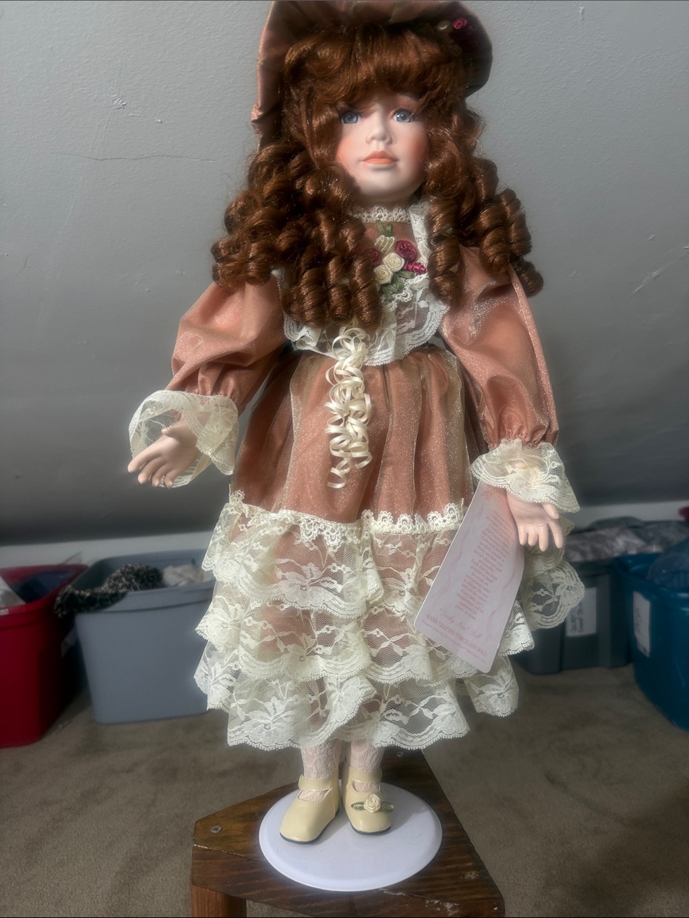 Vintage-Style Porcelain Doll in Rose Brown Dress with Cream Lace